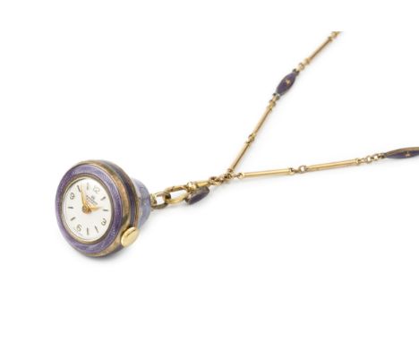 An early 20th century gilt and enamel fob watch by Bucherer, having circular dial, the bell-shaped mauve enamel case with gil