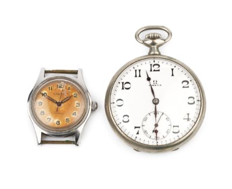 A 1920's nickel pocket watch by Omega, the white enamel dial with Arabic numerals and subsidiary seconds dial, to a keyless w