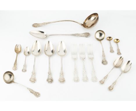 A service of William IV and early Victorian Scottish silver Queen's pattern flatware, comprising soup ladle, 2 gravy spoons, 