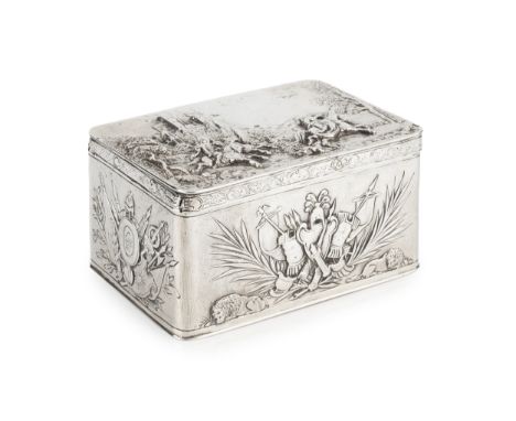 A late 19th century Dutch silver rectangular 'castle top' box, the hinged cover relief decorated with a hunting party before 