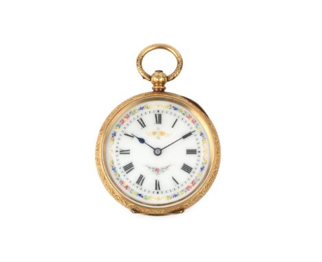 A Swiss 18k gold fob watch, the white enamel dial painted and gilt heightened with a border of flowers, in foliate engraved c