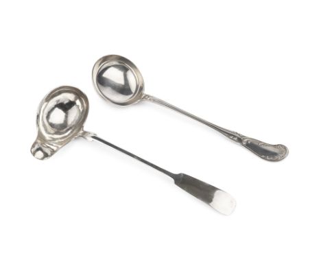 An early 19th century German silver fiddle pattern soup ladle, with lipped bowl, Berlin marks, 33.5cm long, and another Conti