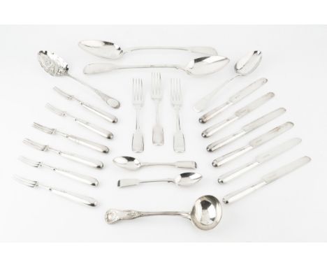 A collection of 19th century silver fiddle pattern flatware, comprising two gravy spoons, three dessert forks and seven teasp