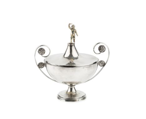 A 19th century Italian (Papal States) silver sucrier and cover, of urn form, with cherub finial and twin scroll handles with 