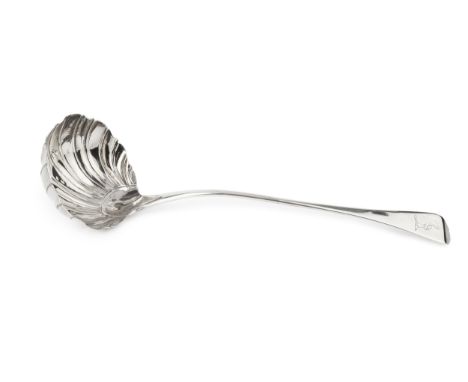 An early George III silver old English pattern soup ladle, with scalloped bowl, crested, by George Baskerville, London 1763, 