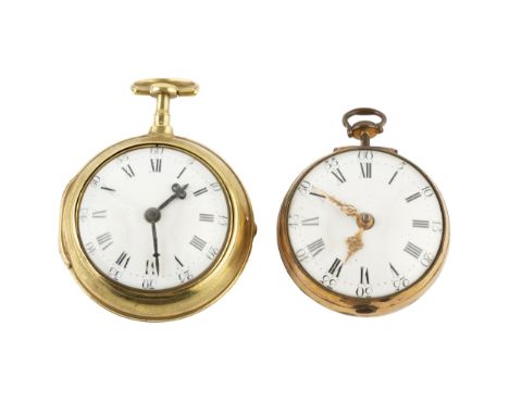 A gilt metal pair cased pocket watch, the white enamel Roman dial with Arabic five minutes, beetle and poker hands, and squar