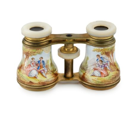 A pair of late 19th century French gilt metal, mother o'pearl and enamel opera glasses, painted with courting couples in coun