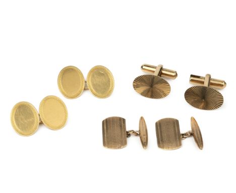 A pair of 18ct gold oval cufflinks, with engine turned borders, and two pairs of 9ct gold cufflinks. (6)18ct pair approx 8.8g