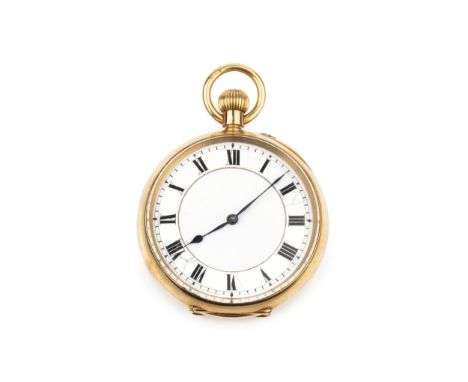 An Edwardian 18ct gold fob watch, with white enamel dial and keyless wind movement, the case hallmarked for Chester 1906, 3.5