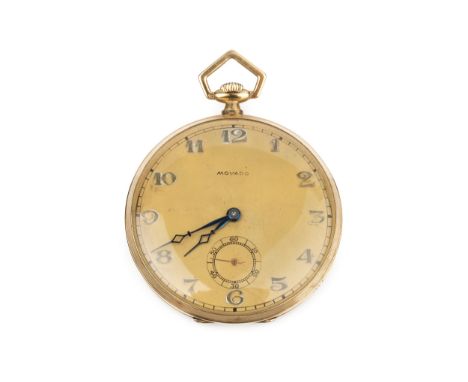 An early 20th century open face pocket watch by Movado, the matt yellow metal dial with Arabic numerals and subsidiary second