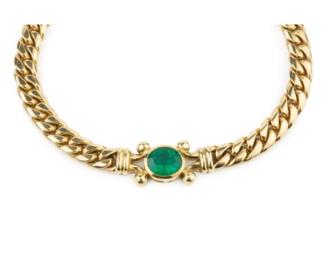 An 18ct gold and emerald necklace by Theo Fennell, of curb link design, with central oval collet-set stone within split shoul