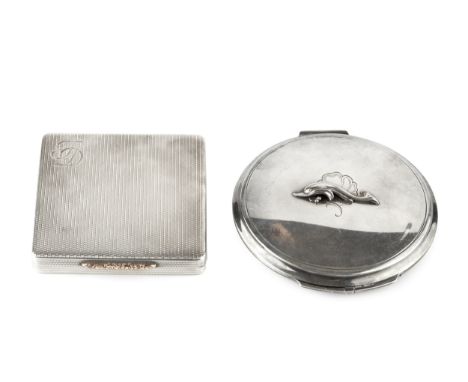 A Danish silver powder compact by Georg Jensen, of circular form, the hinged cover with applied dolphin motif, import marks f