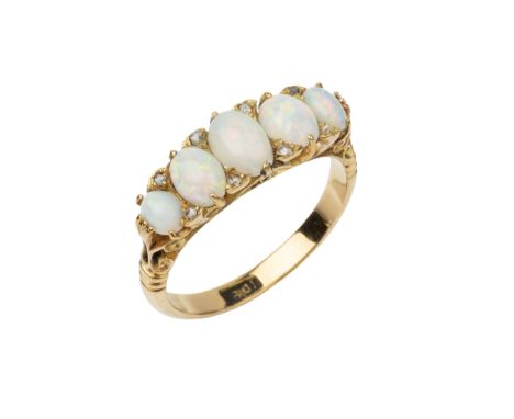 An opal and diamond five stone ring, the graduated cabochon opals with four pairs of rose cut diamonds between, claw set in 1