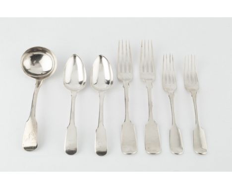 A matched part service of 19th century silver fiddle pattern flatware, comprising a set of six table forks by Richard Turner,