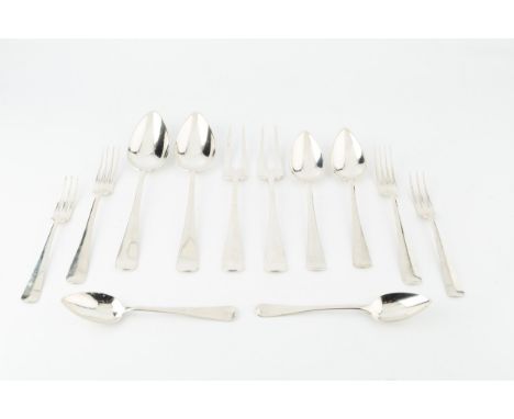 A service of Dutch silver flatware, comprising 2 serving spoons and forks, 4 table spoons, 4 table forks, 4 dessert spoons an