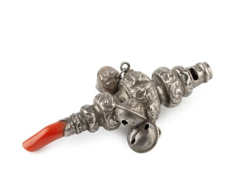 A late Victorian silver baby's rattle and whistle, hung with bells and having coral teether by Colen Hewer Cheshire, Birmingh