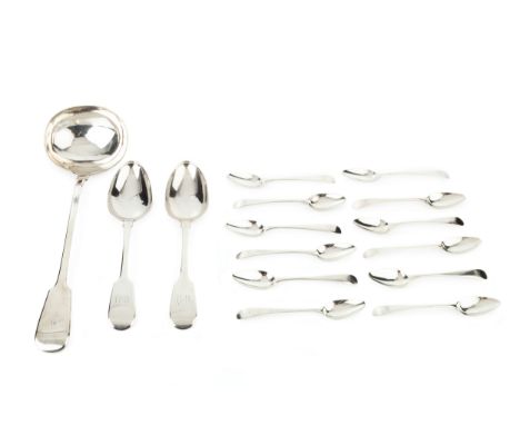 A pair of early Victorian silver fiddle pattern table spoons, by John Stone, Exeter 1849, a set of twelve George III silver o