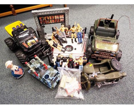 A good collection of children's toys to include wrestling figures and wrestling ring, an Action Man motorcycle and sidecar ma