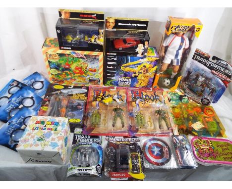 A good mixed lot of sealed boxes and blister packs to include Hook, Transformers, James Bond 007, Action Man, Powerlander, Cr
