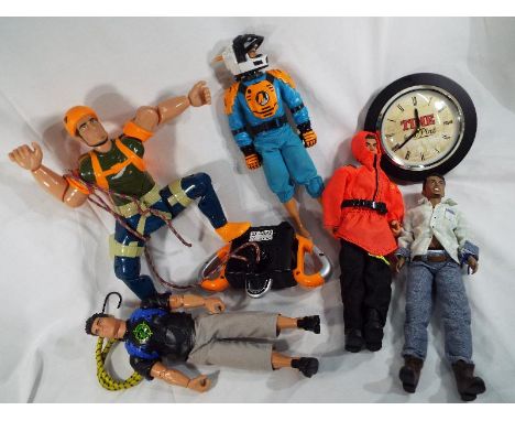 Action Man - three Action Man figures, one with orange hoodie and backpack, one with motor-cycle helmet and jumpsuit and one 