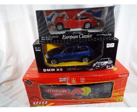 Three diecast models comprising two DX Speed racing cars 1:10 scale with remote control, ERTL Austin Healey 3000 Mark II, 196