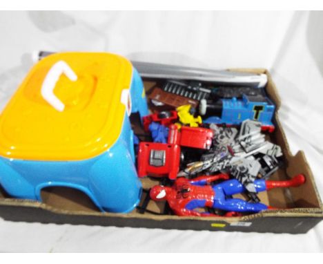 A good mixed lot of children's toys to include a Spiderman figure by Marvel & Subs, Hasbro, transformers, a Thomas the Tank E
