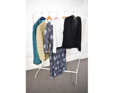 Seven pieces of 1970-80s womenswear, including three Laura Ashley garments. A Laura Ashley navy floral smock dress in heavy j