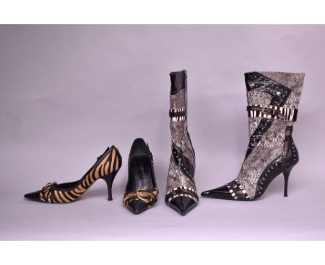 Four pairs of ladies heeled shoes.  A pair of 2000s Karen Millen stiletto court shoes in genuine zebra hide, having black cro