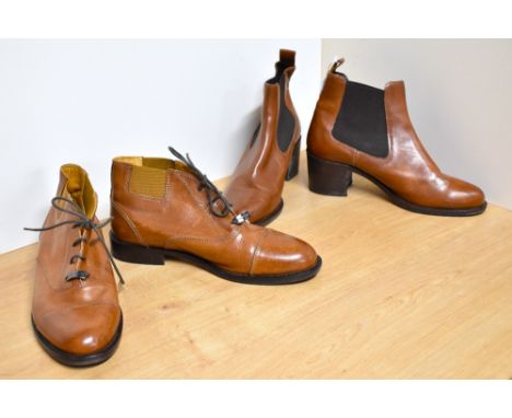 Two pairs of Russell &amp; Bromley boots, in tan Italian leather, one pair a vintage lace-up style with &lt;1' flat heel, the