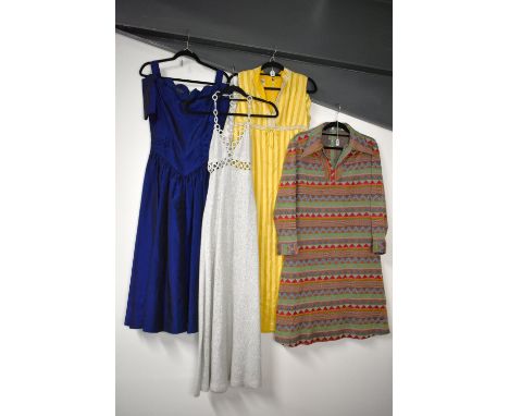 Four mixed vintage dresses, comprising a 1950s style scalloped off the shoulder electric blue tafetta occasion dress, a 1960s