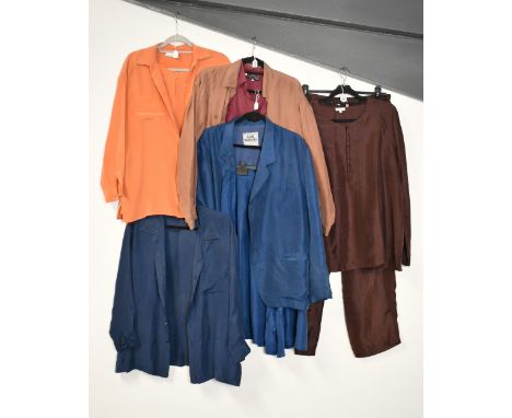 A quantity of vintage ladies silk garments, comprising two trouser suits: Karen Wang in chocolate and Penny Plain in peach, a
