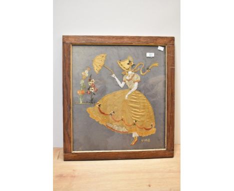 A wood framed embroidery on velvet, depicting a lady in Crinolyn dress holding an umberella, featuring gold fabric applique a