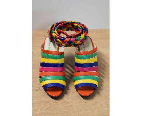 A pair of vintage Charles Jourdan 'Ulema' mules in multicoloured soft kid leather, size 6B, having 3' black heels and with a 