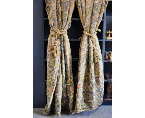 Two pairs of early-20th century William Morris' 'Birds in Forest' pattern curtains, jacquard embroidered and lined in thick, 
