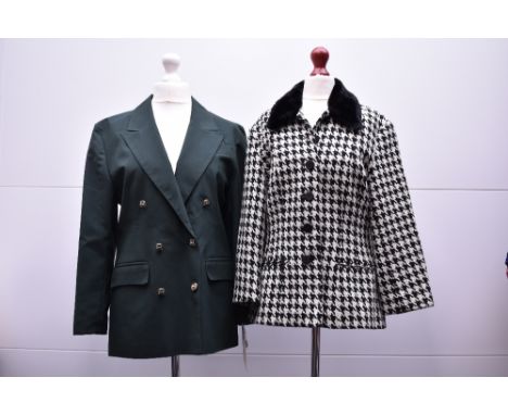 Five 1980s-1990s formal-wear pieces, comprising two jackets, a coat and a two-piece suit.    A 1990s Wallis short coat in bla