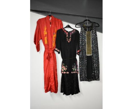 Five vintage garments, comprising: A red satin &amp; silk kimono embroidered with orange dragon motif. A pair of white 1970s 