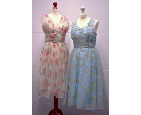 Five late 20th century party dresses. A 1990s Betsey Johnson of new York two piece set of co-ordinates, in indigo cotton-feel