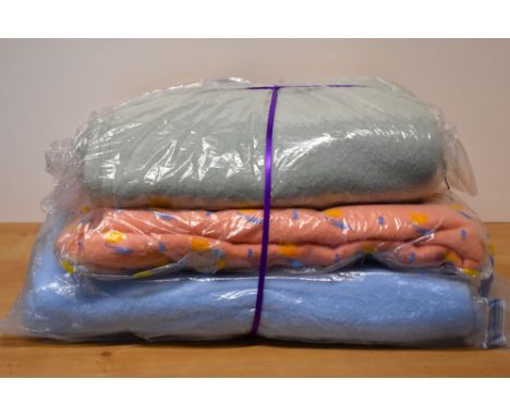 Three traditional lap blankets in peach, powder blue and sage green. Along with three scarves, a hand knit pink and cream str