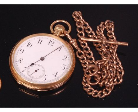 A continental 18ct gold cased gentlemans pocket watch, having white enamel dial, subsidiary seconds dial, keyless movement, t