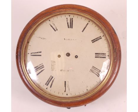 An early 19th century mahogany convex dial wall clock, the white enamel dial (w.12")with Roman numerals and indistinctly sign