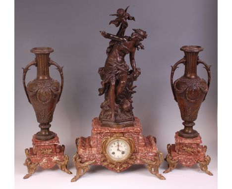 A Louis XV style French marble and bronzed metal three piece clock garniture, the clock surmounted with a maiden and attendan