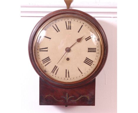 A Regency mahogany and brass inlaid droptrunk wall clock, of small proportions, having convex bezel, 8" white enamel dial, si