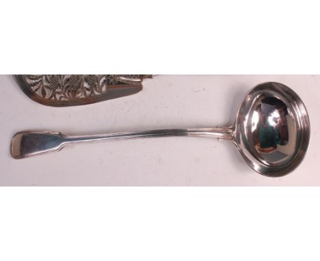 A Victorian silver soup ladle, in the Fiddle & Thread pattern, 10.2oz, maker Chawner & Co (George William Adams), London 1841