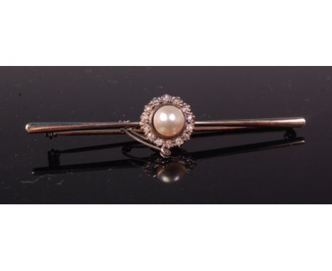 An early 20th century yellow and white metal ***PEARL*** and diamond set bar brooch, arranged as a single opal in a surround 