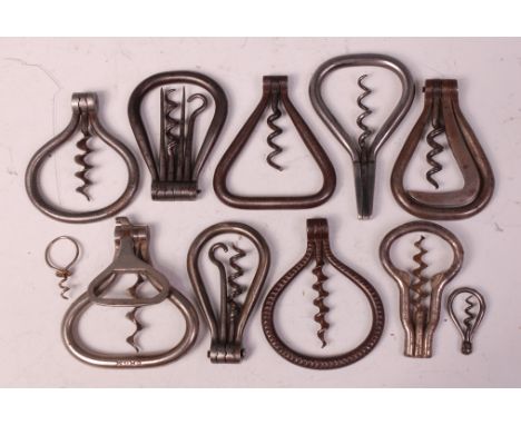 Ten various steel bow corkscrews, nine being folding examples, largely English 19th century but also a German example, two fo