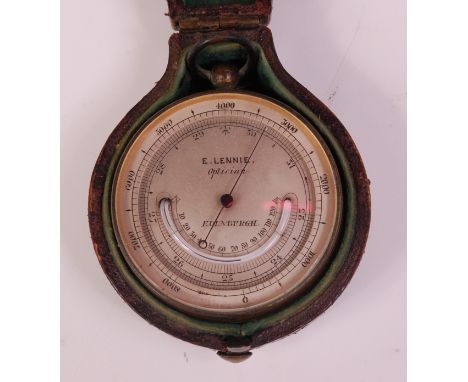 A late 19th century gilt metal cased pocket barometer / thermometer, the silvered dial signed 'E Lennie, Optician of Edinburg
