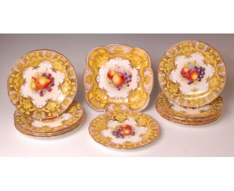 A set of twelve mid-20th century Worcester porcelain dessert plates, with matching dish, each painted with a central reserve 