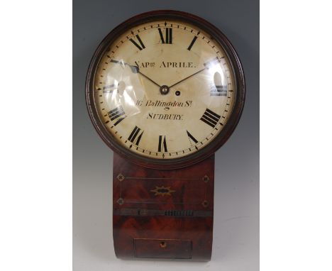 An early 19th century mahogany and brass inlaid droptrunk wall clock, the convex white enamel dial signed 'Napon Aprile, Ball