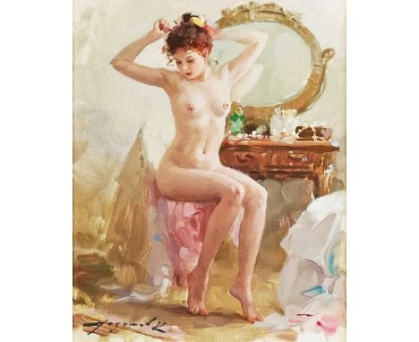 Konstantin Razumov (Russian, b. 1961)Nude at her dressing tablesigned in Cyrillic (lower left) and further inscribed in Cyril