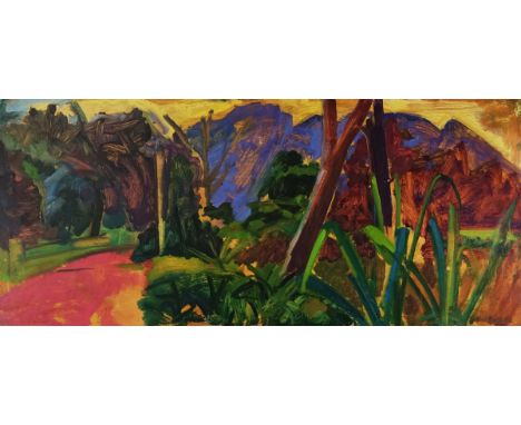 Niel Bally (British, b. 1951)A mountainous landscapesigned and dated 'Niel Bally 92' (lower right)oil on board41 x 92cmARRCon